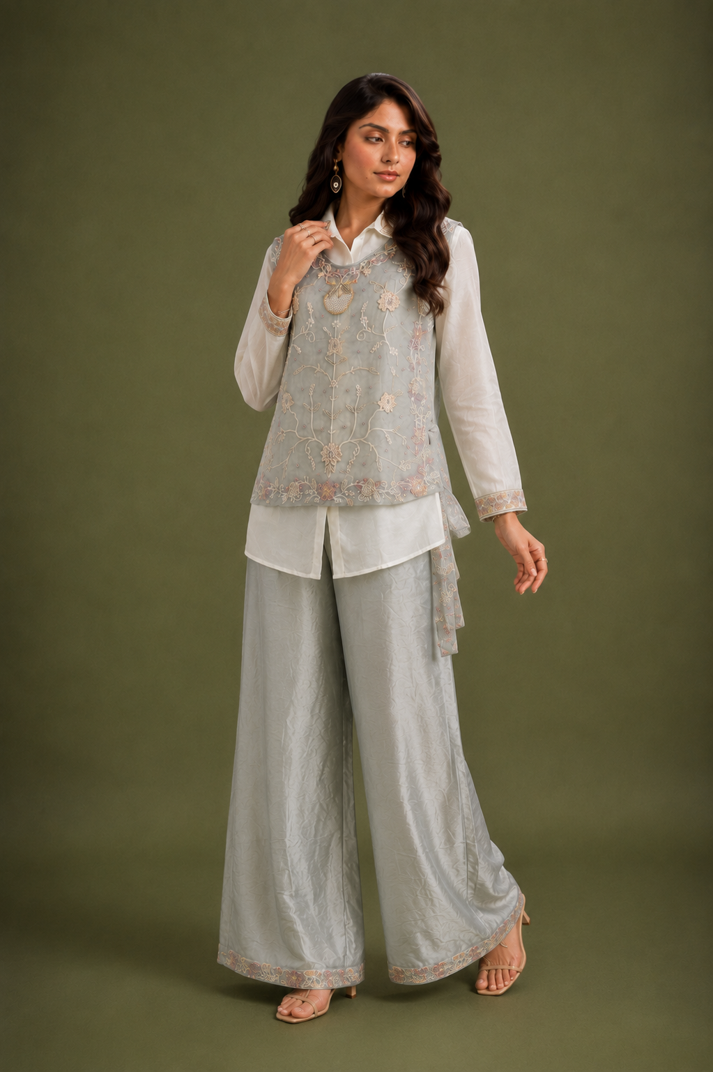 Ice Blue Chinon Silk 3 Piece Cord Set with Embroidered Jacket