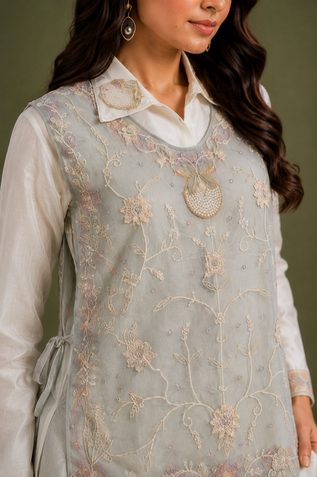 Ice Blue Chinon Silk 3 Piece Cord Set with Embroidered Jacket