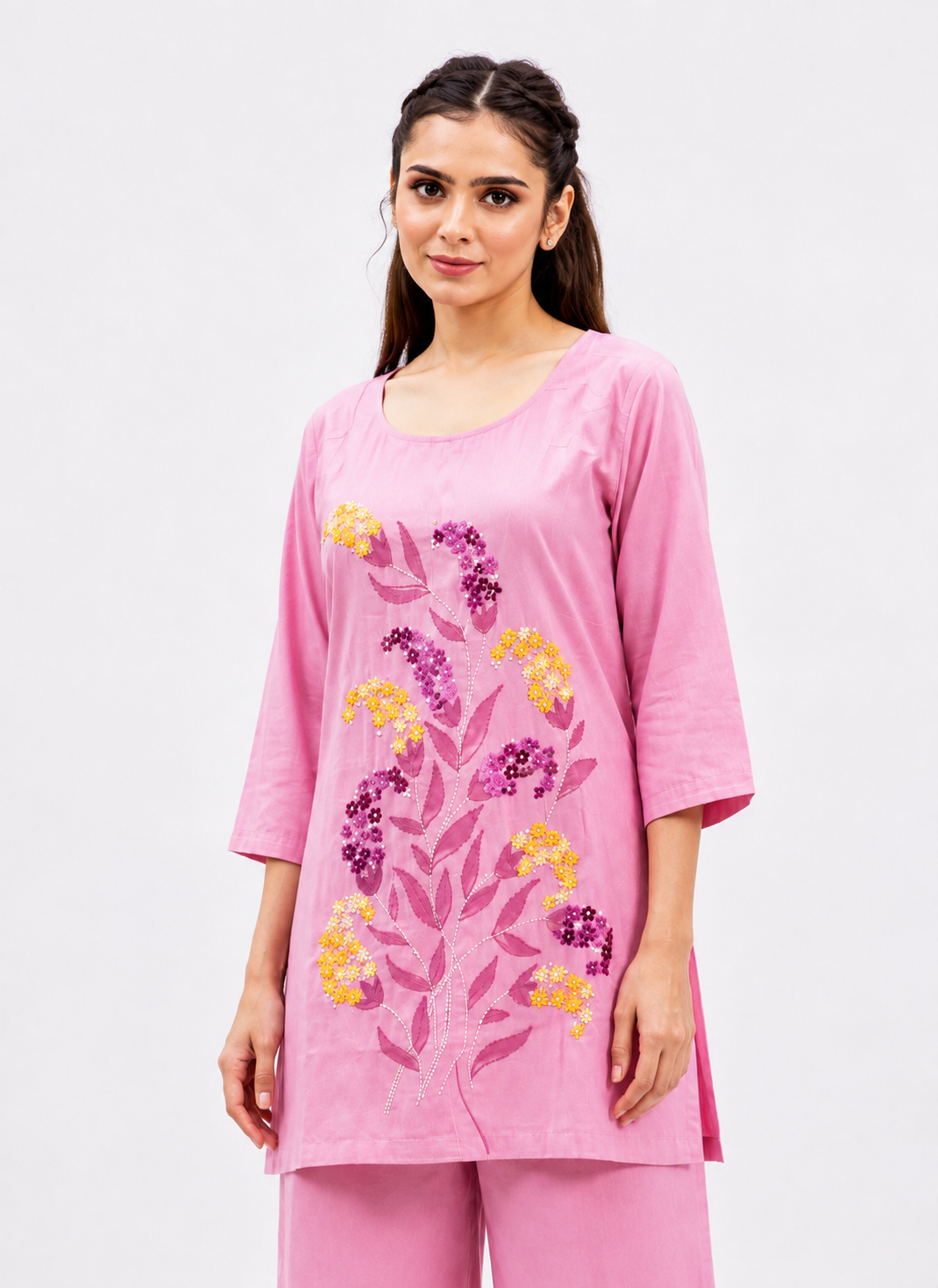 Dusty Pink Mal-Cotton Co-Ord Set with Floral Katha Work