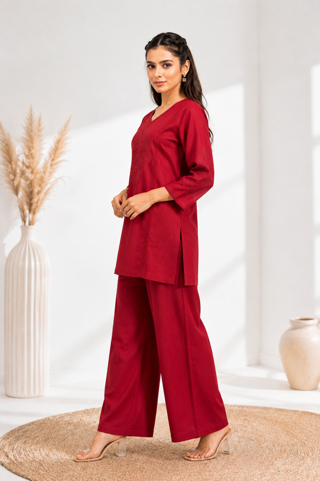 Wine Red Mal Cotton Co-Ord Set with Floral Embroidery