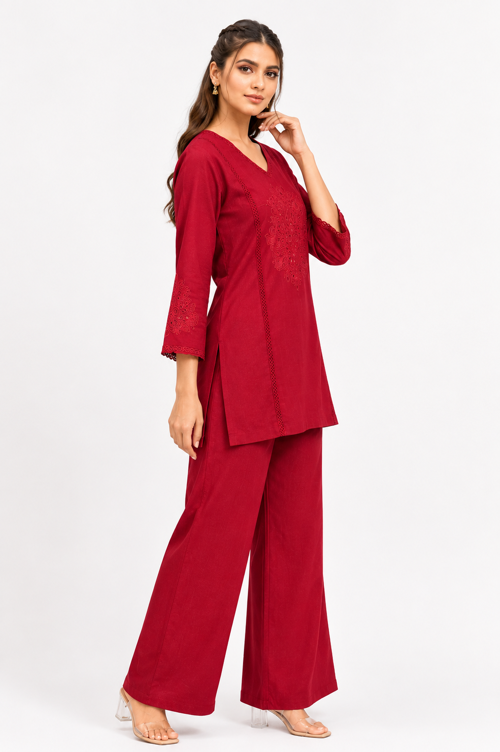 Wine Red Mal Cotton Co-Ord Set with Floral Embroidery