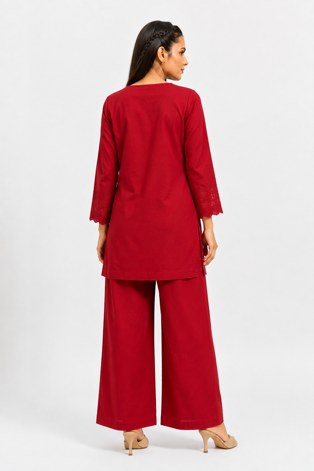 Wine Red Mal Cotton Co-Ord Set with Floral Embroidery