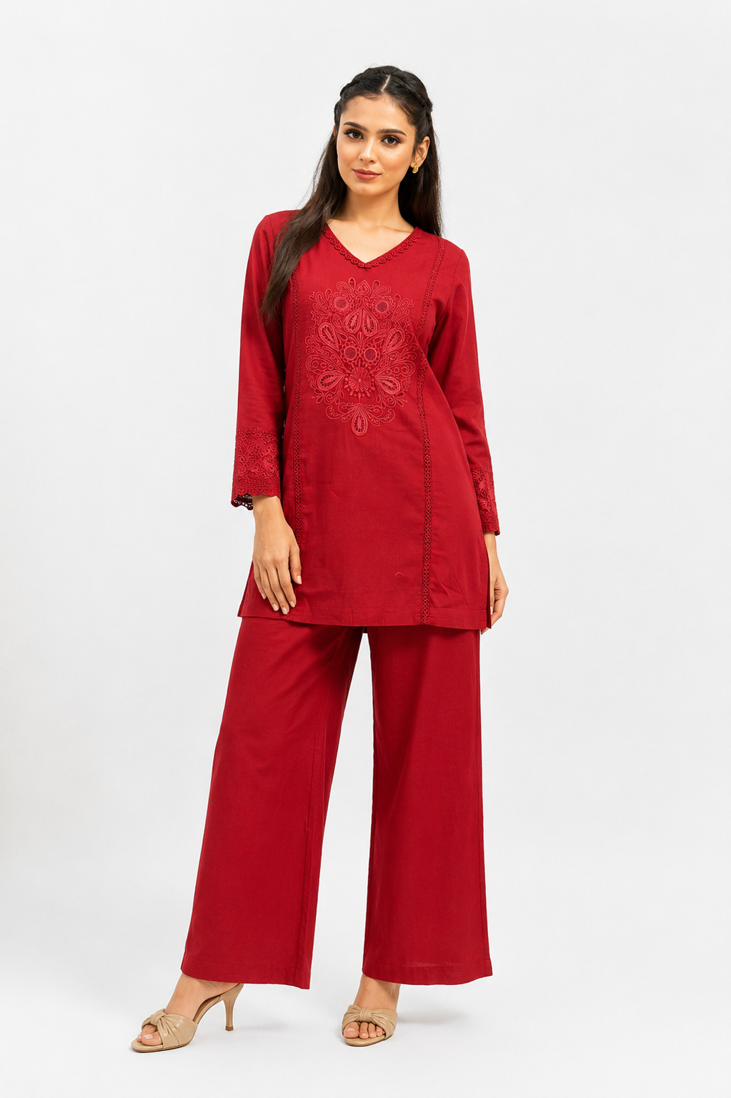 Wine Red Mal Cotton Co-Ord Set with Floral Embroidery