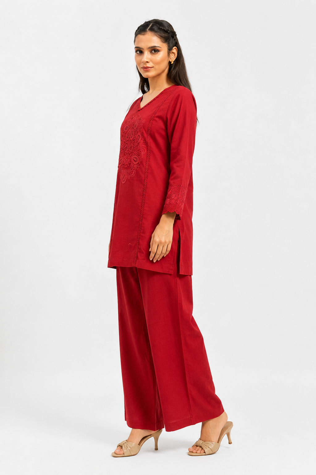 Wine Red Mal Cotton Co-Ord Set with Floral Embroidery