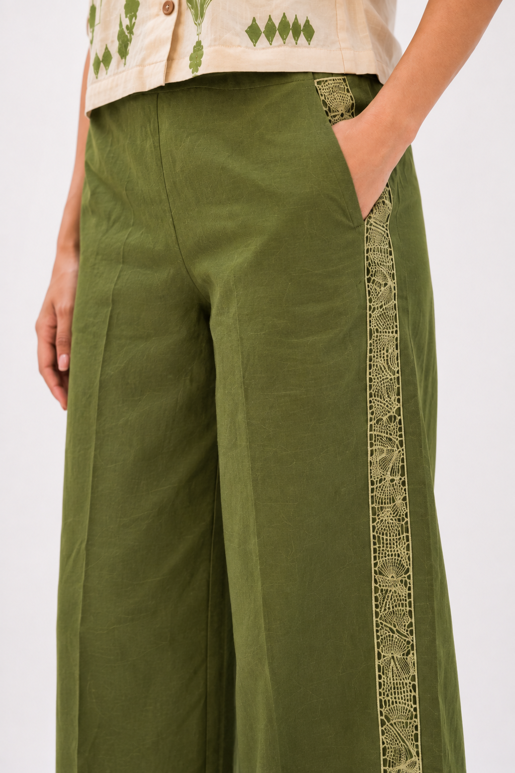 White & Olive Green Linen Cotton Co-Ord Set with Botanical Block Print