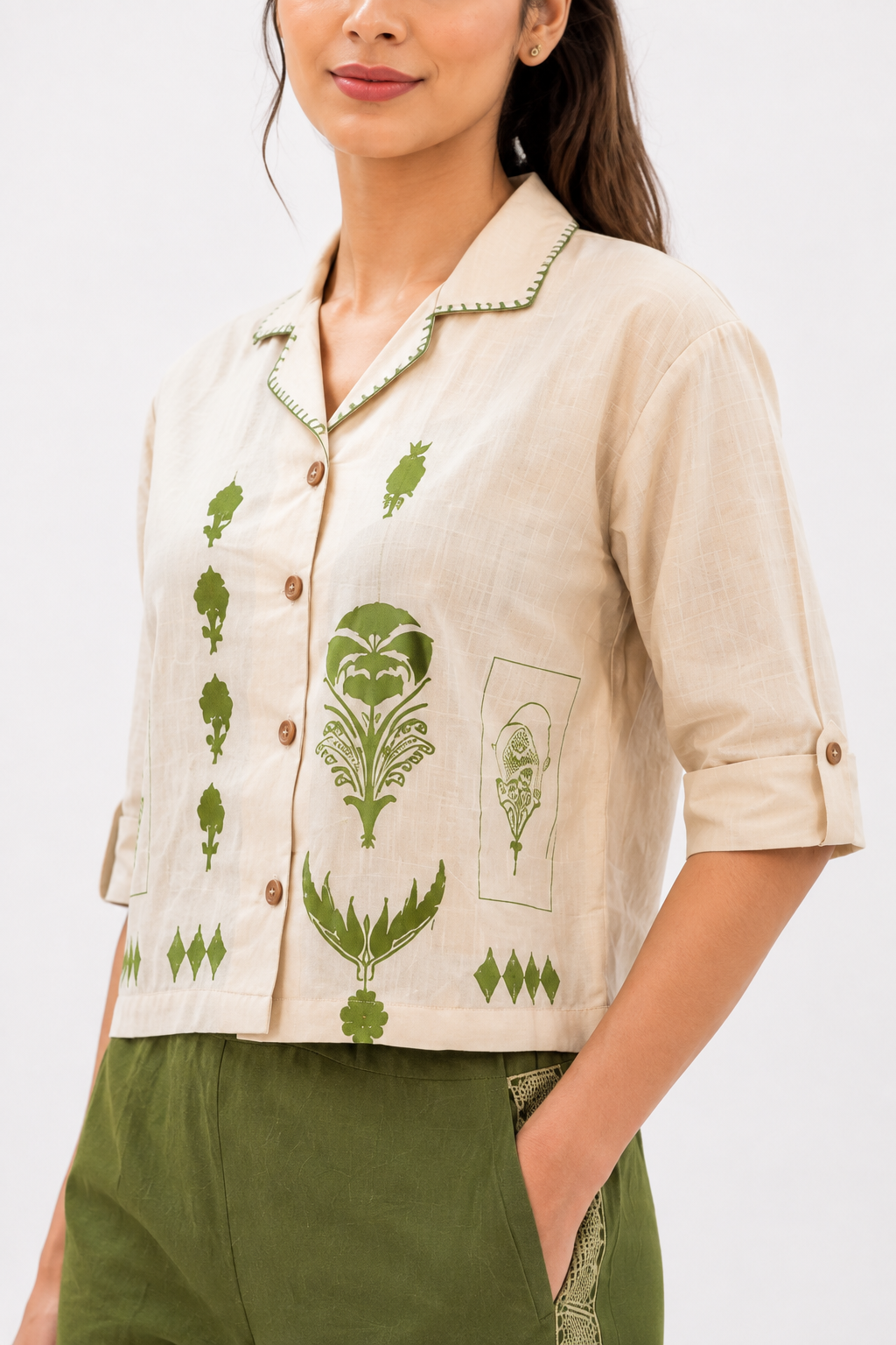 White & Olive Green Linen Cotton Co-Ord Set with Botanical Block Print