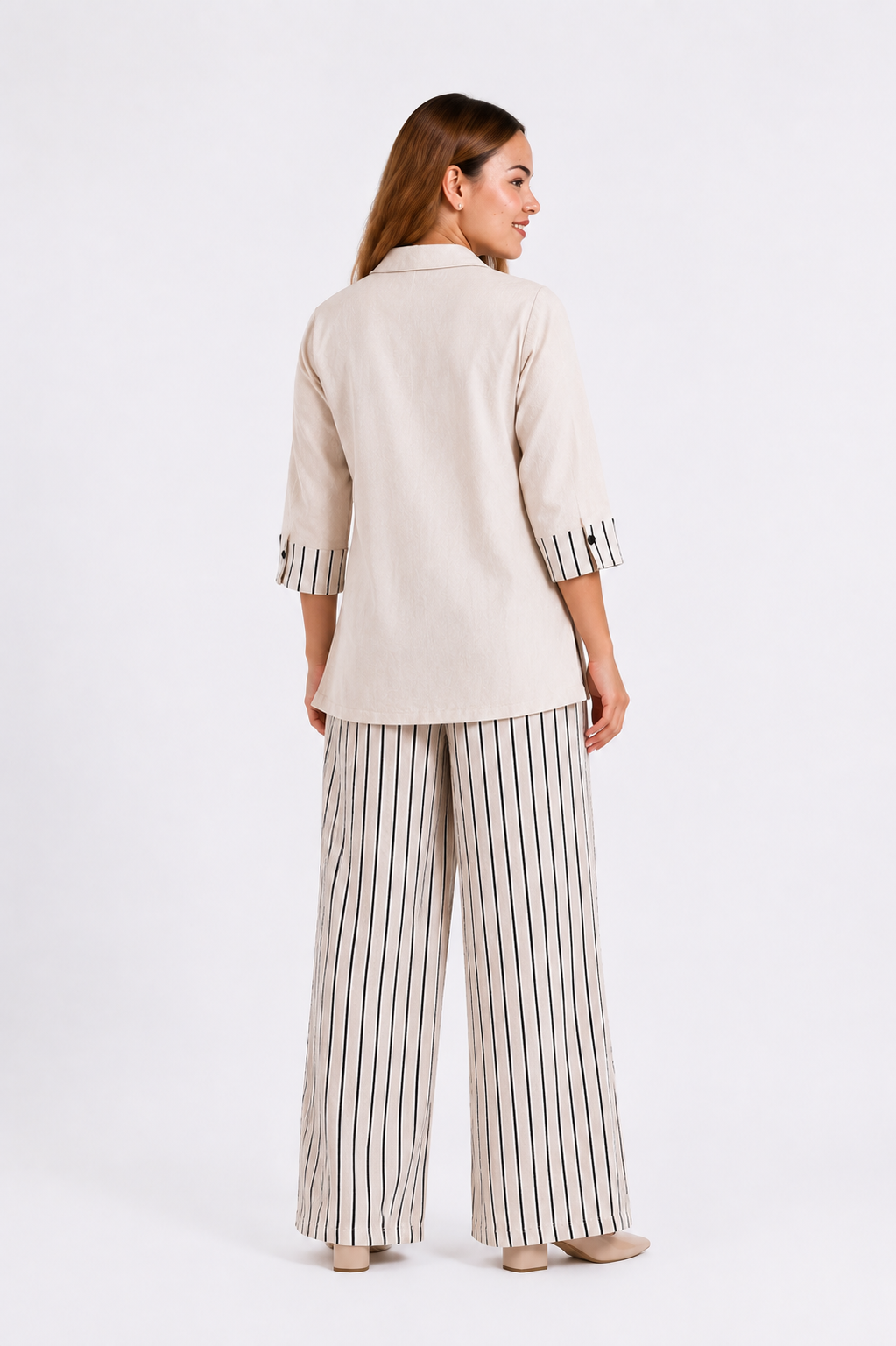 Off White Linen Cotton Co-Ord Set with Abstract Face Embroidery