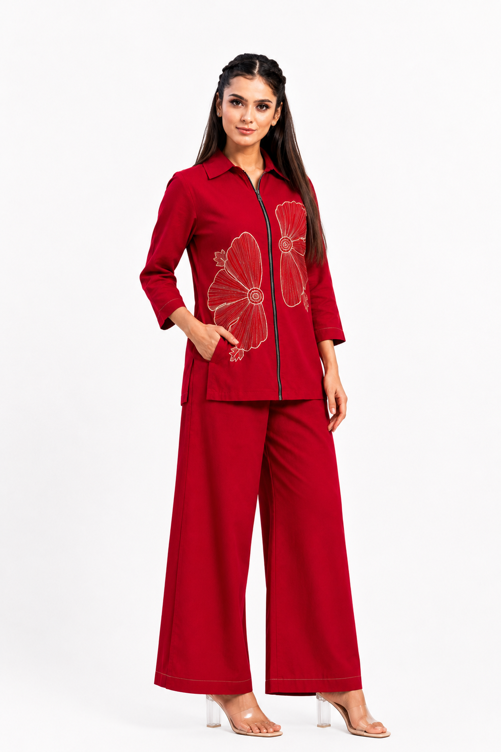Red Cotton Co-Ord Set with Abstract Floral Thread Embroidery