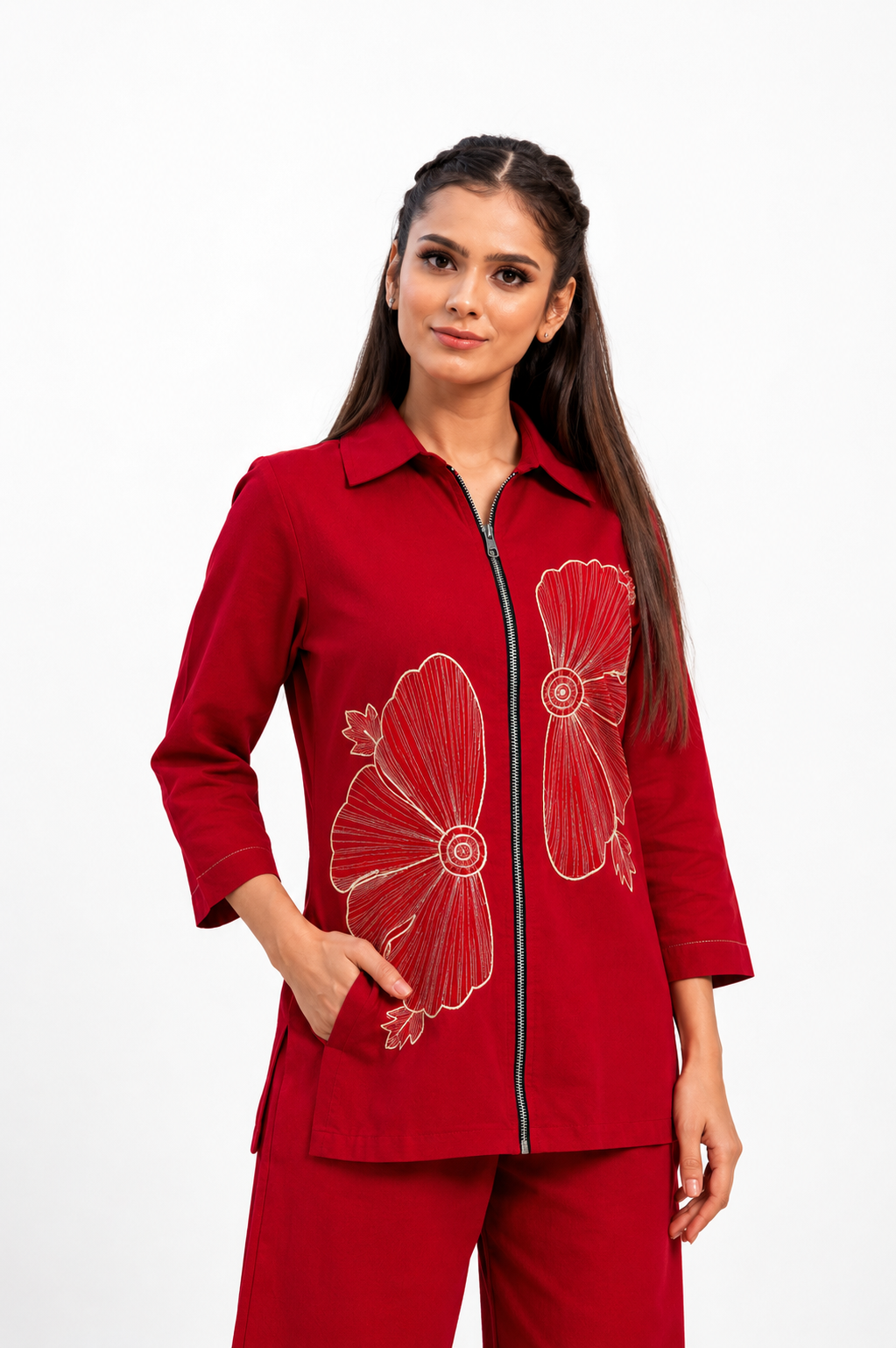 Red Cotton Co-Ord Set with Abstract Floral Thread Embroidery