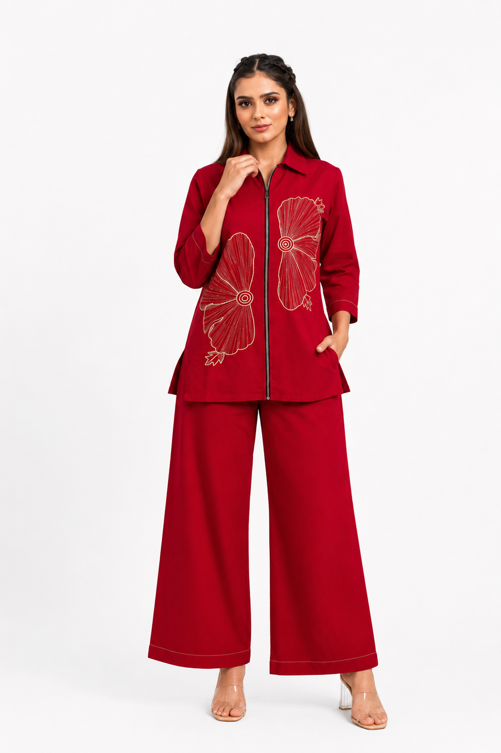 Red Cotton Co-Ord Set with Abstract Floral Thread Embroidery
