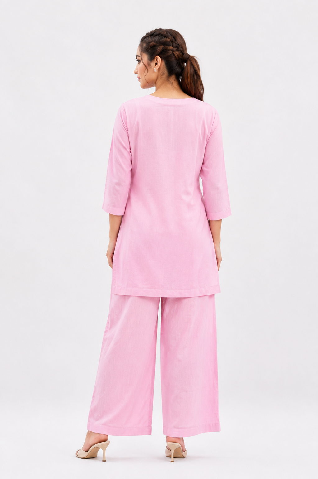 Baby Pink Mal Cotton Co-Ord Set with Floral Katha and Bead Work