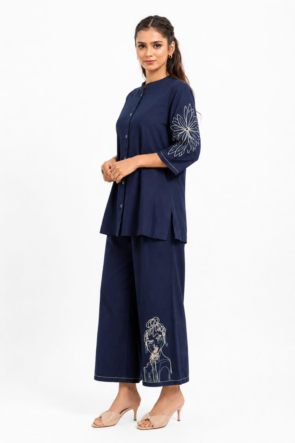 Navy Blue Mal Cotton Co-Ord Set with Abstract Floral Thread Work