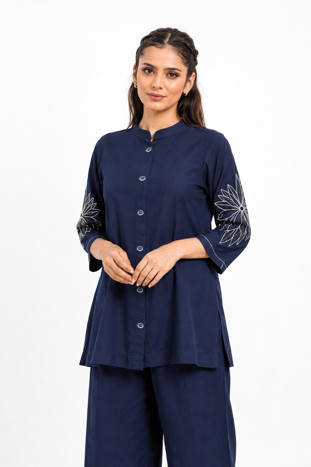 Navy Blue Mal Cotton Co-Ord Set with Abstract Floral Thread Work