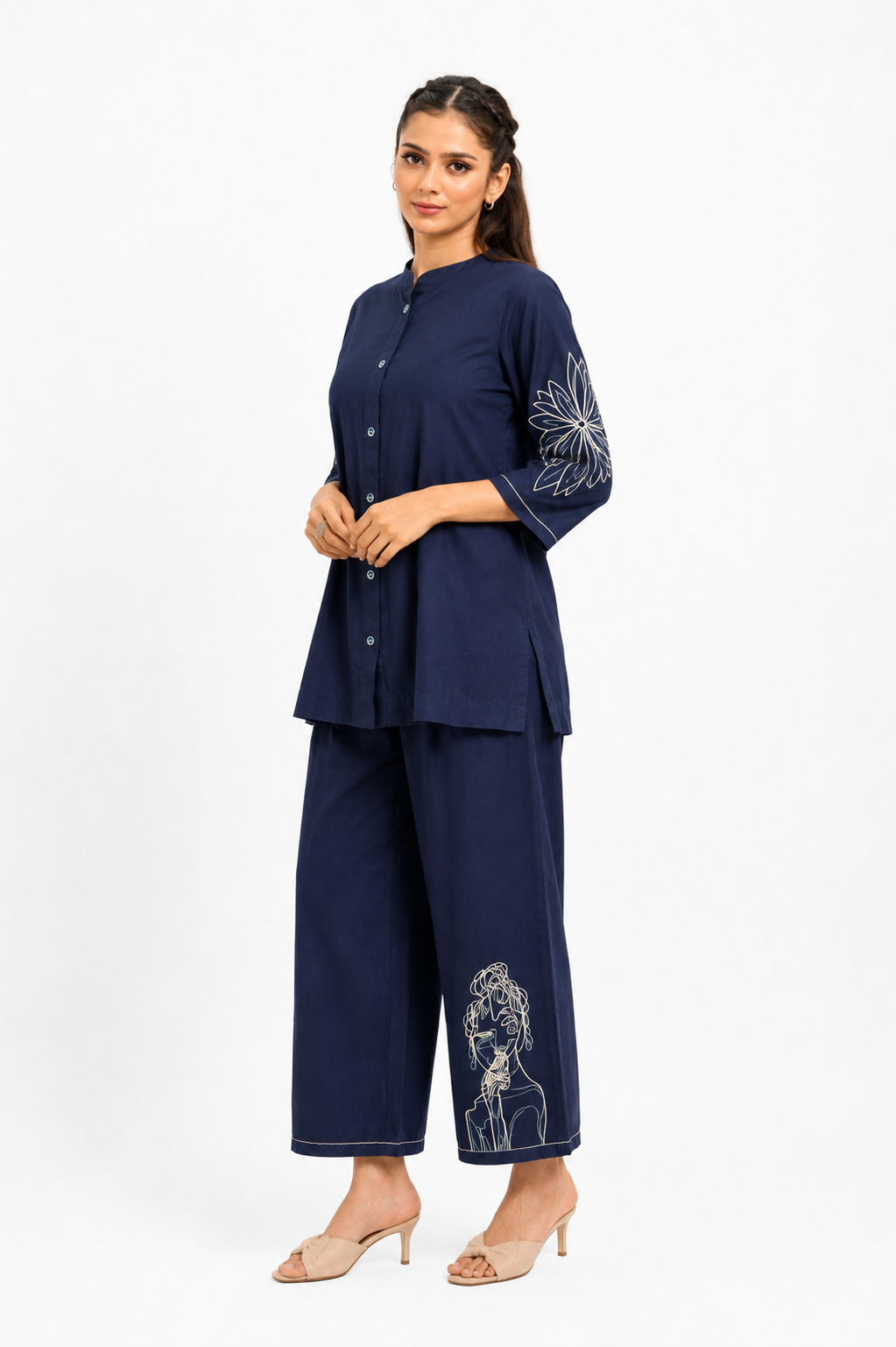 Navy Blue Mal Cotton Co-Ord Set with Abstract Floral Thread Work