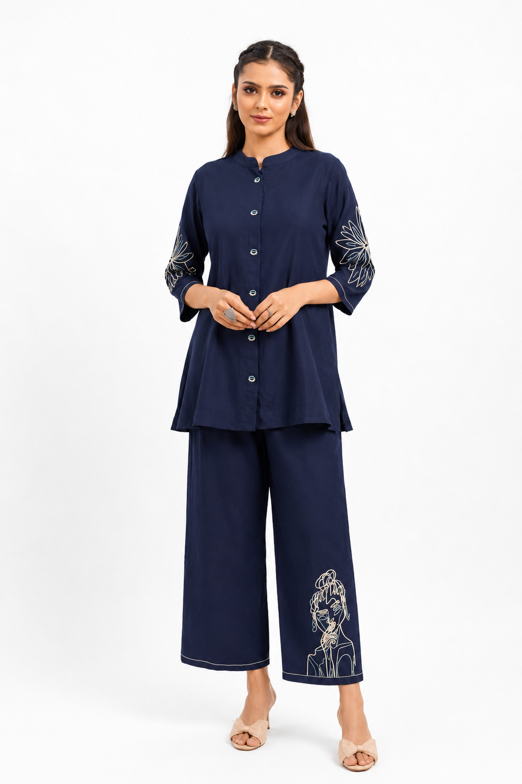 Navy Blue Mal Cotton Co-Ord Set with Abstract Floral Thread Work