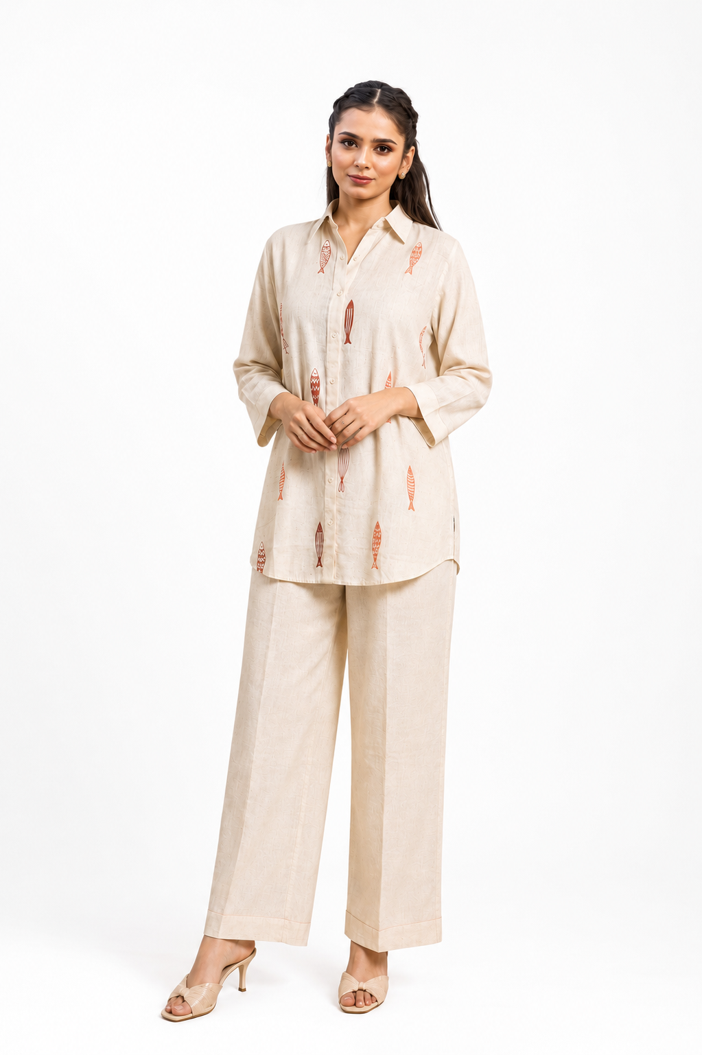 Off White Linen Cotton Co-Ord Set with Fish Thread Design