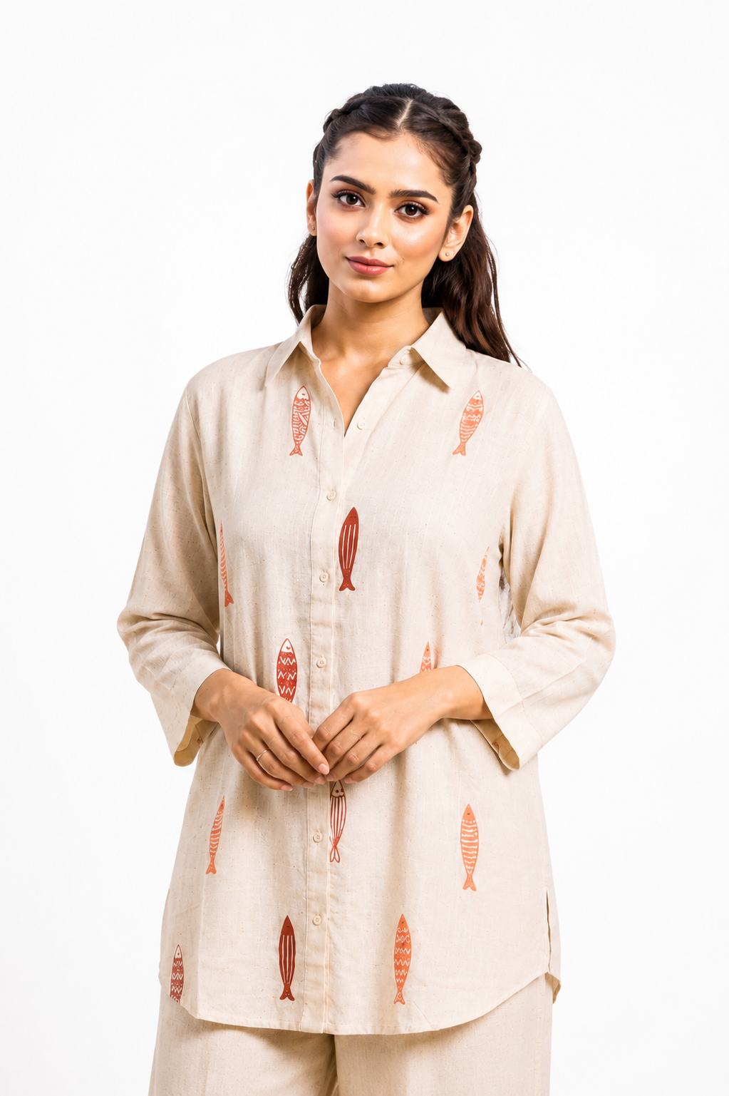 Off White Linen Cotton Co-Ord Set with Fish Thread Design