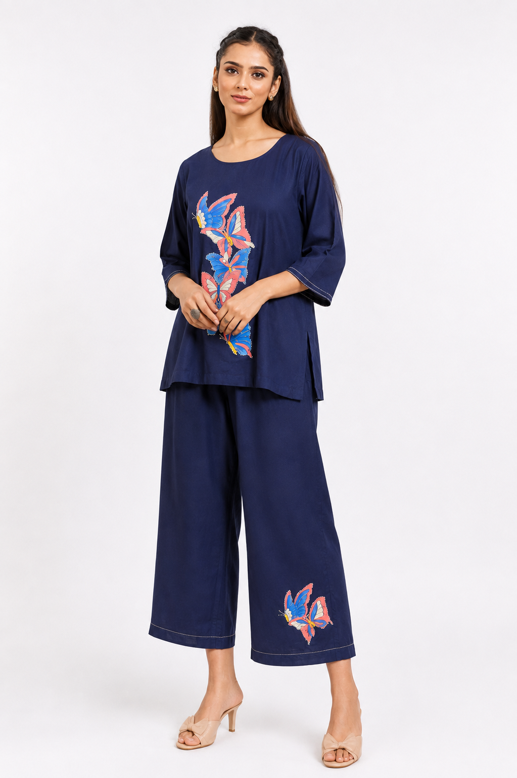 Navy Blue Mal Cotton Co-Ord Set with Hand Painted Butterfly With Katha Border