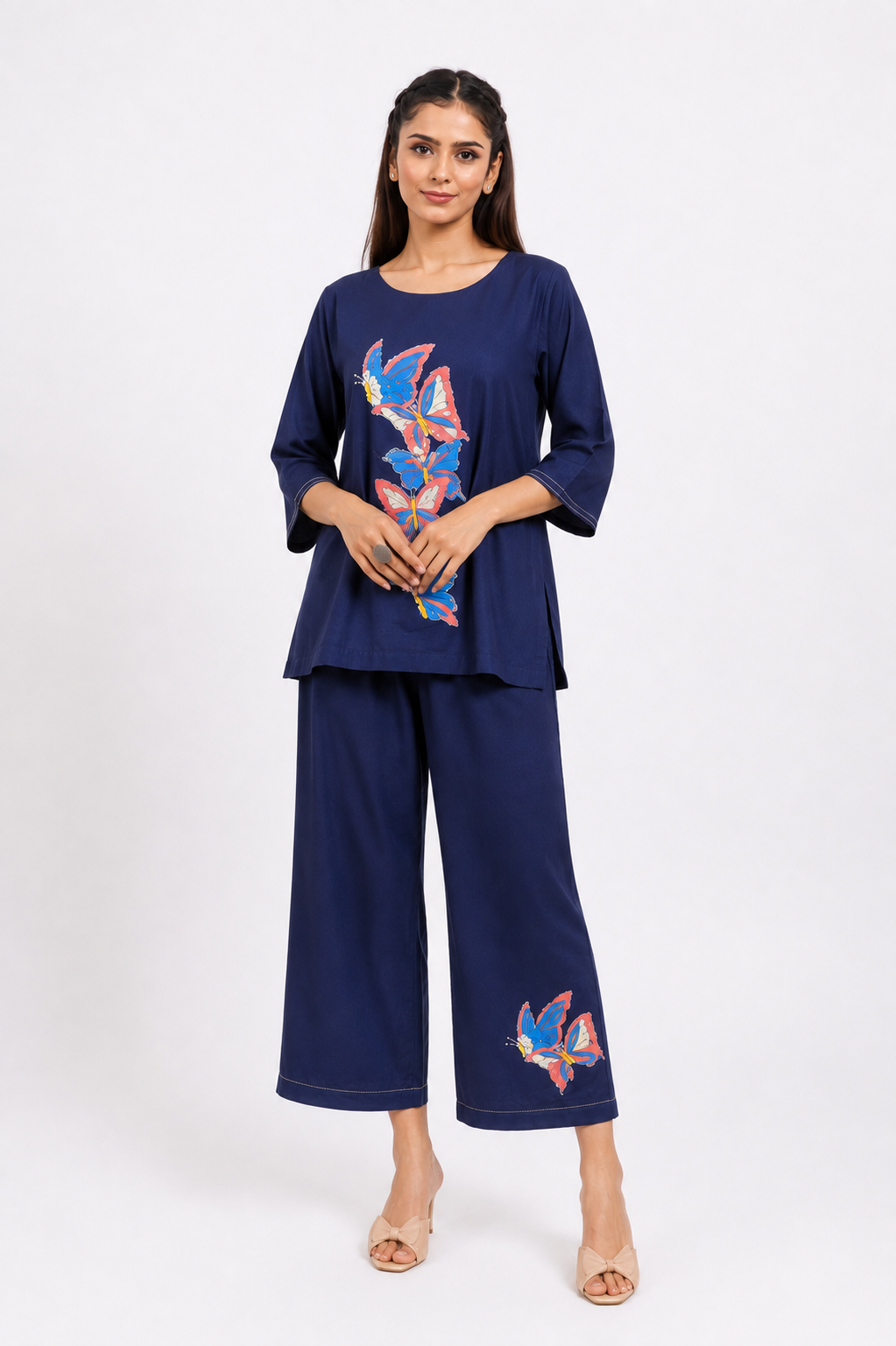 Navy Blue Mal Cotton Co-Ord Set with Hand Painted Butterfly With Katha Border