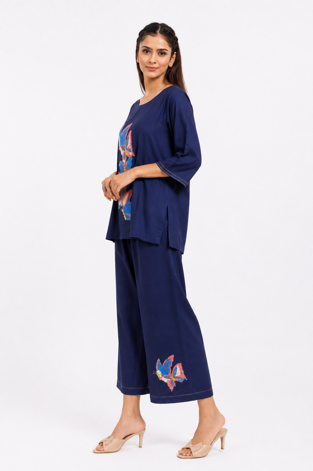 Navy Blue Mal Cotton Co-Ord Set with Hand Painted Butterfly With Katha Border