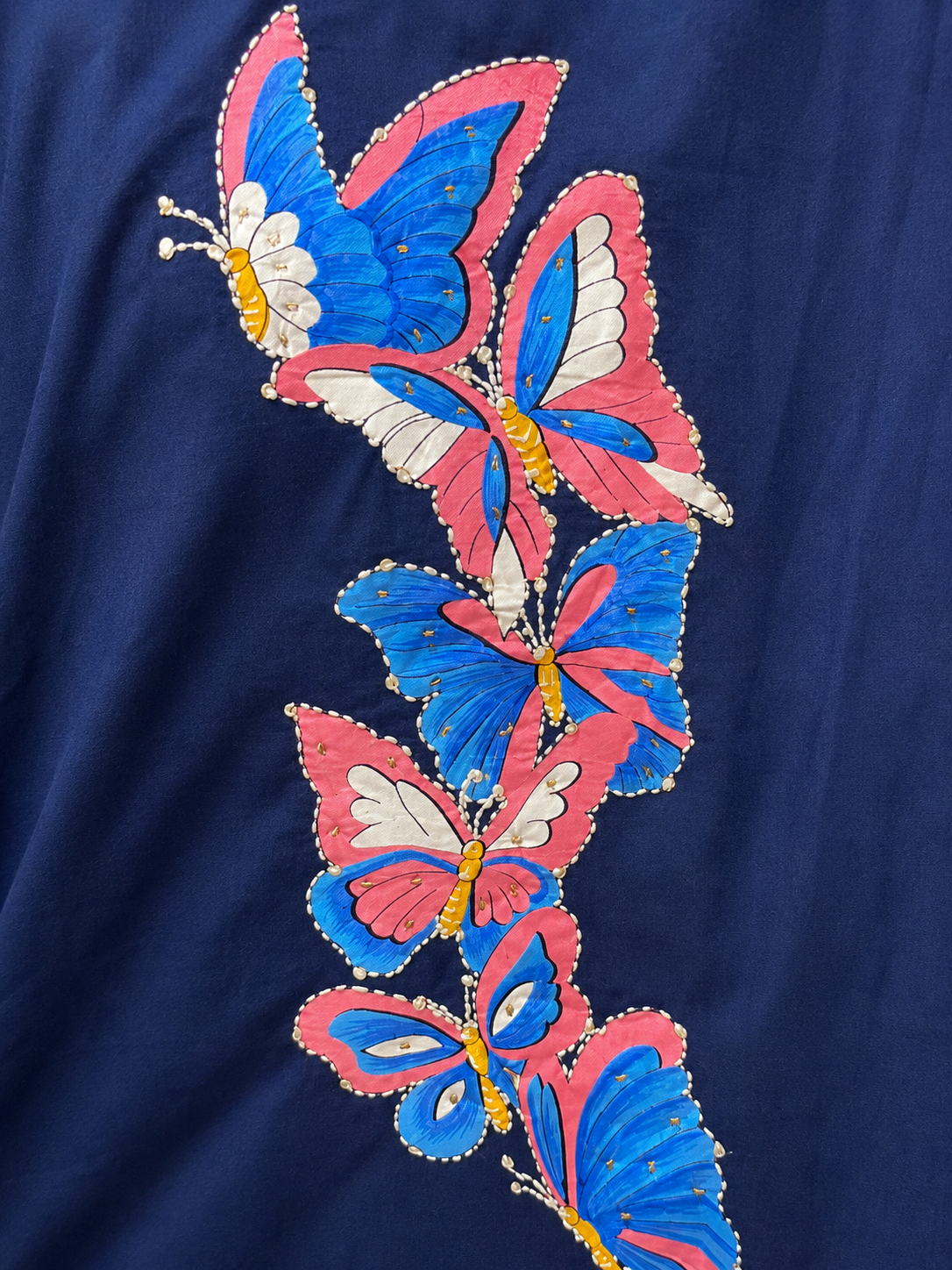Navy Blue Mal Cotton Co-Ord Set with Hand Painted Butterfly With Katha Border