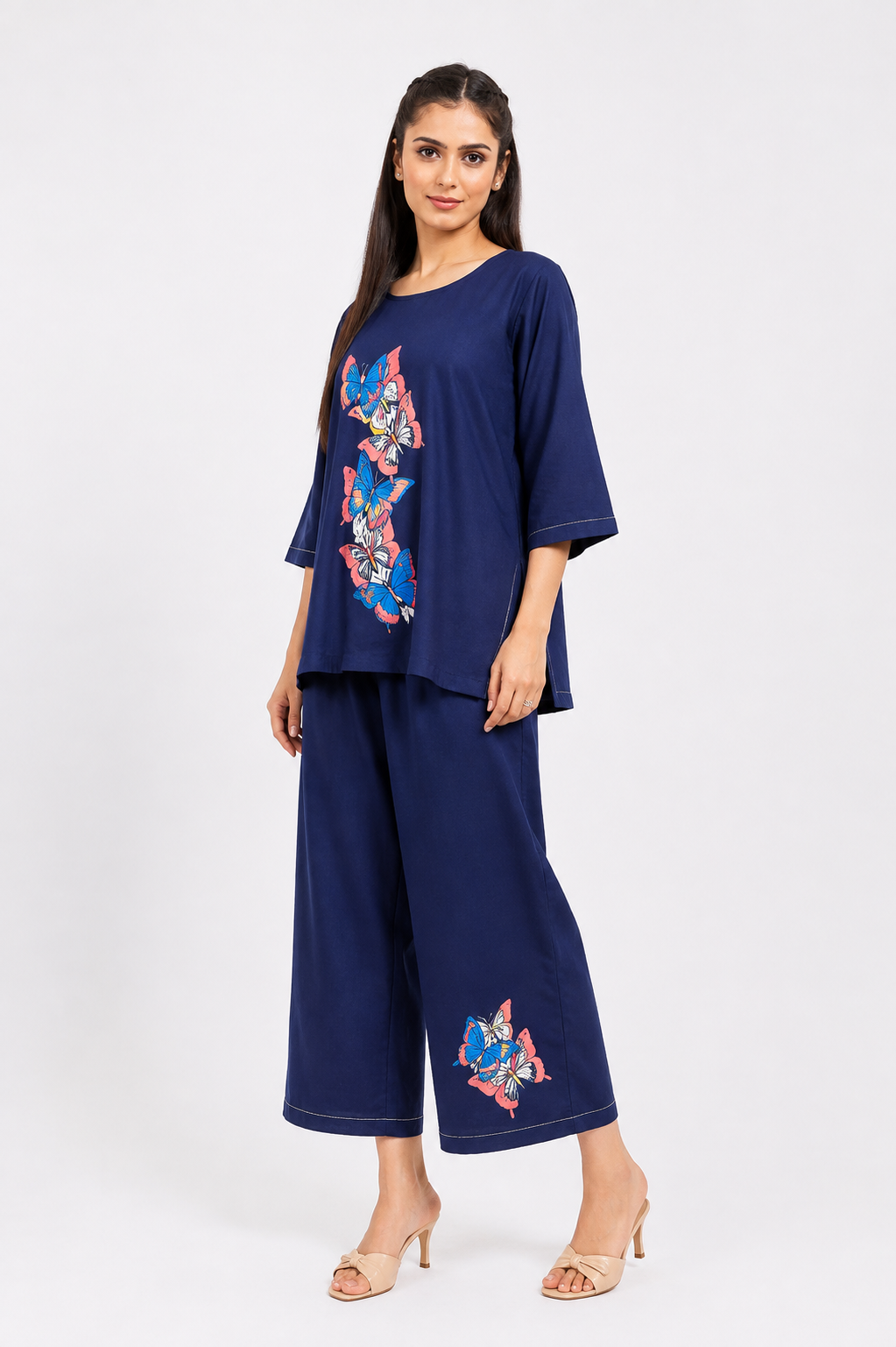 Navy Blue Mal Cotton Co-Ord Set with Hand Painted Butterfly With Katha Border