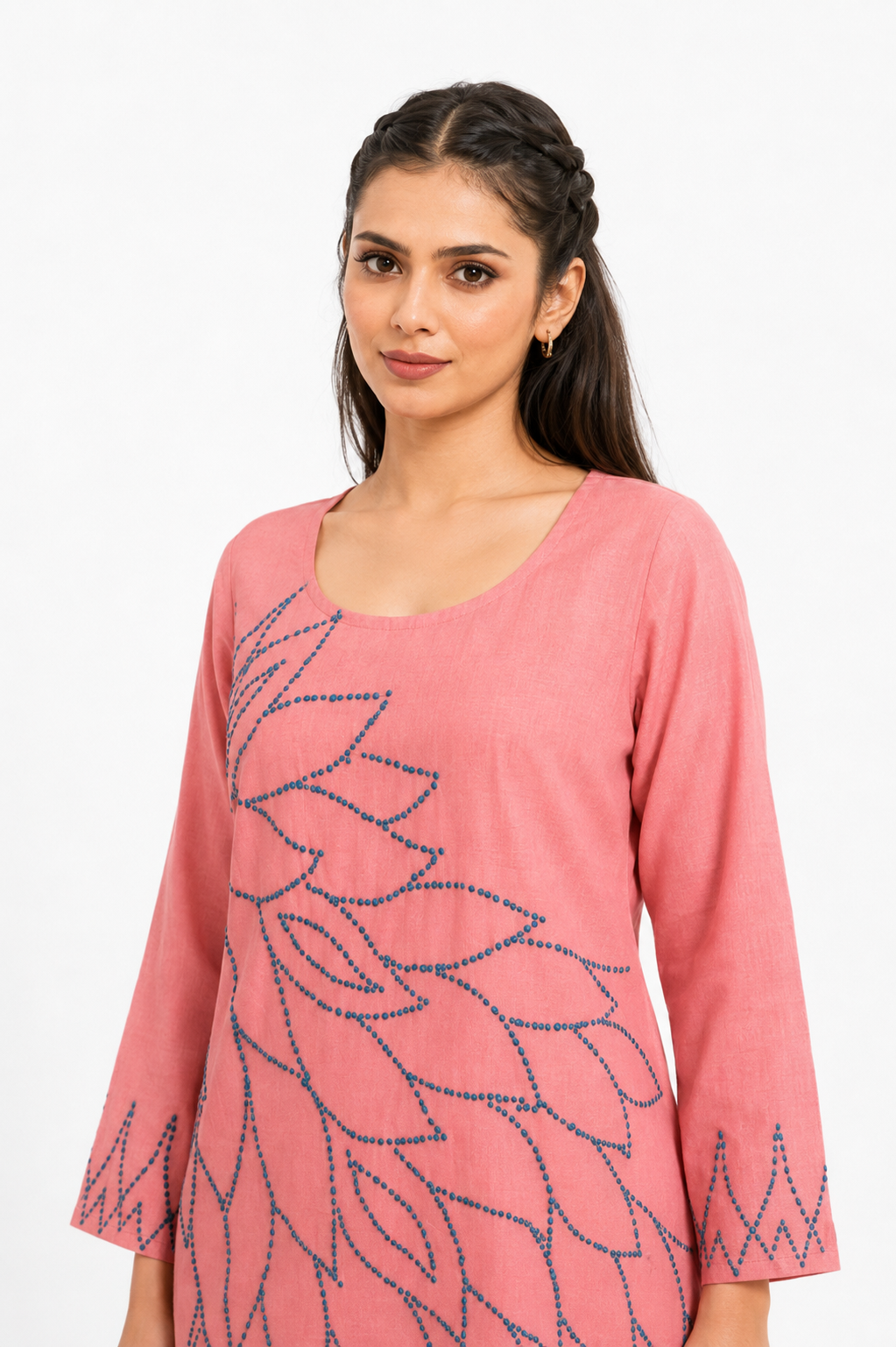 Coral Pink Mal Cotton Co-Ord Set with Leaf Katha Work