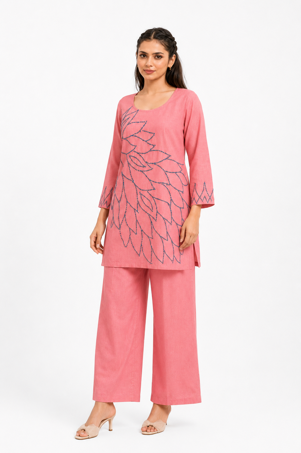 Coral Pink Mal Cotton Co-Ord Set with Leaf Katha Work