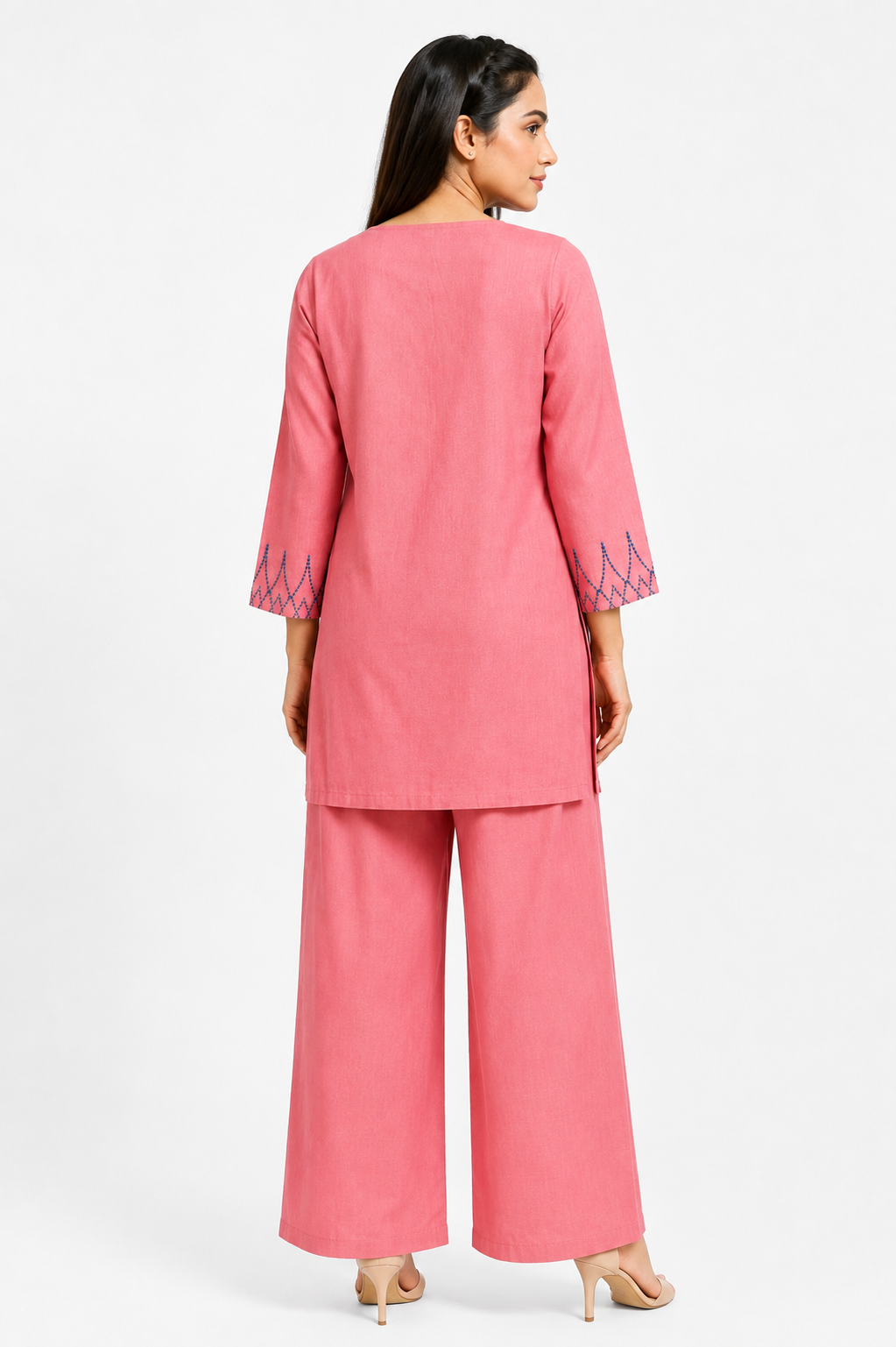 Coral Pink Mal Cotton Co-Ord Set with Leaf Katha Work