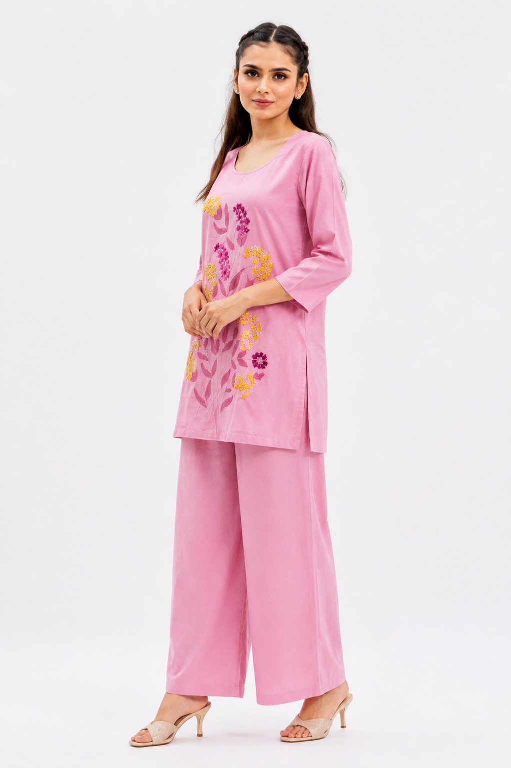 Dusty Pink Mal-Cotton Co-Ord Set with Floral Katha Work