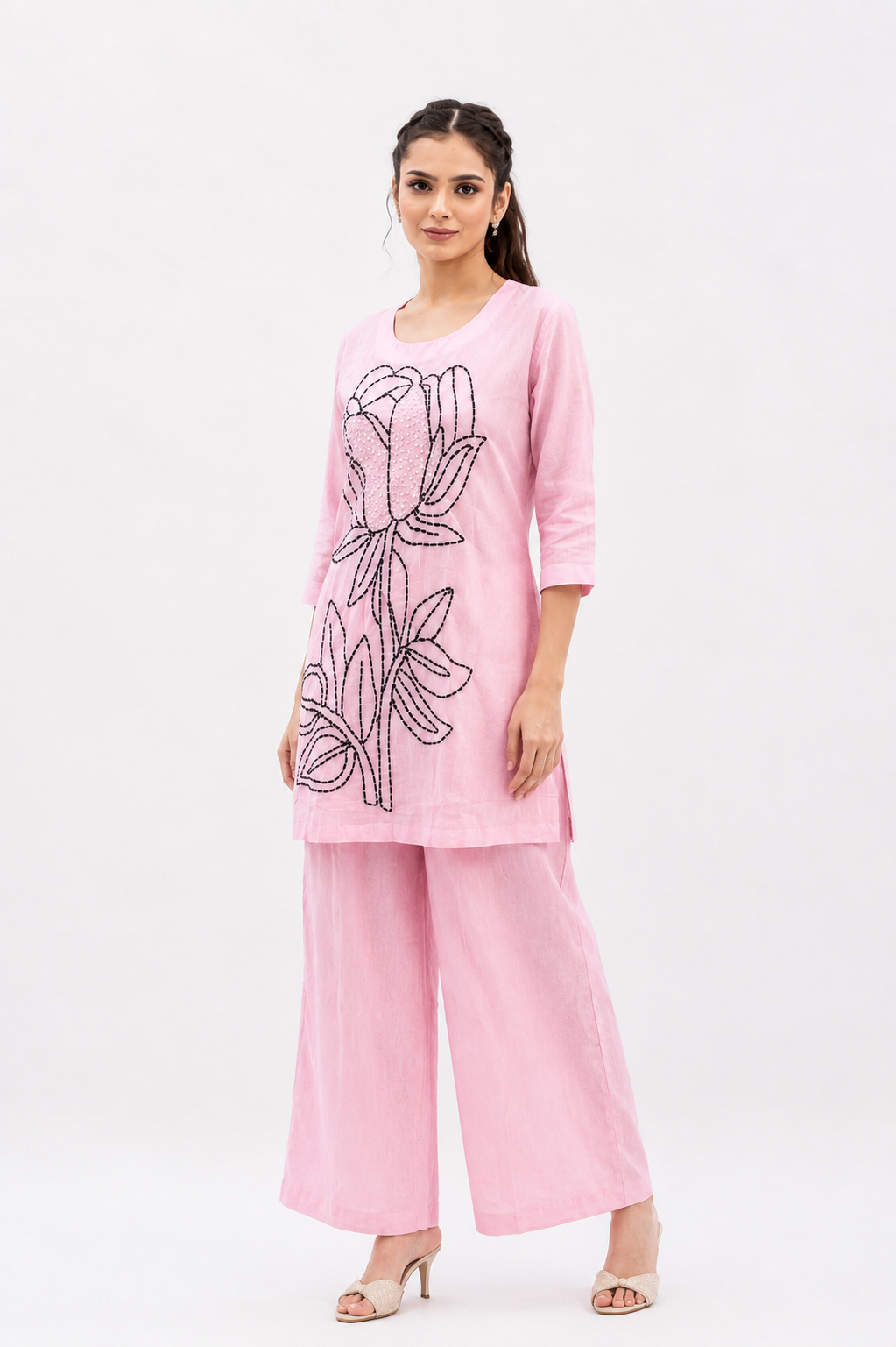 Baby Pink Mal Cotton Co-Ord Set with Floral Katha and Bead Work