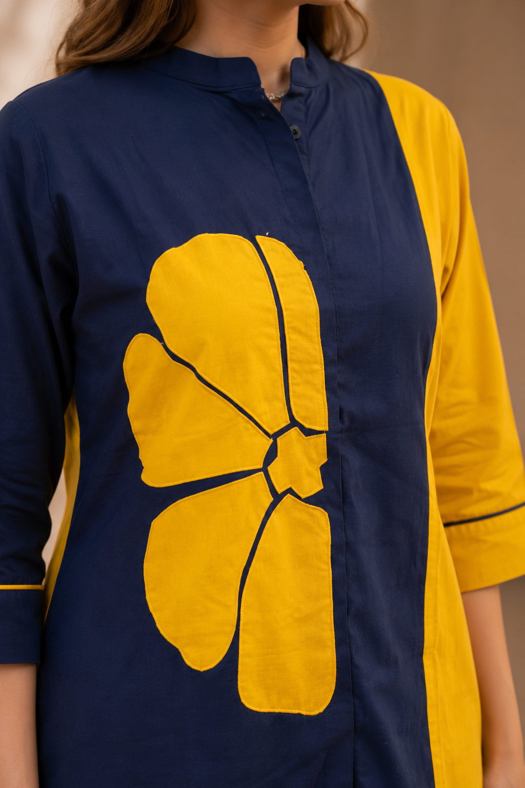Navy Blue & Mustard Yellow Cotton Co-Ord Set with Abstract Floral Patch Work