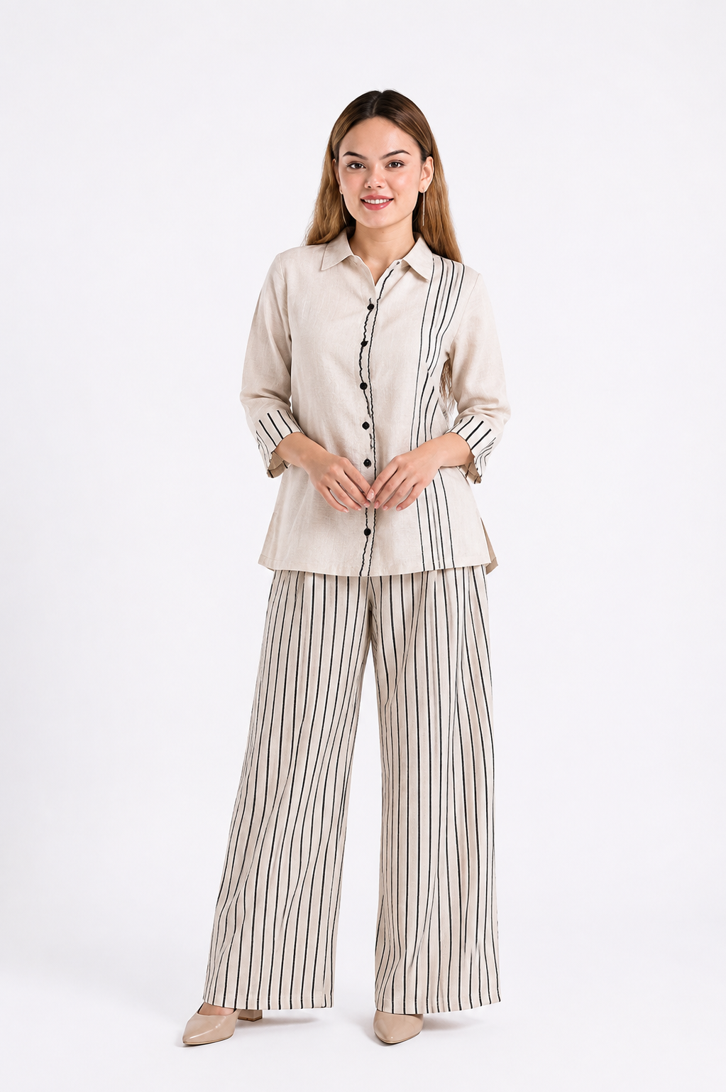 Off White Linen Cotton Co-Ord Set with Abstract Face Embroidery