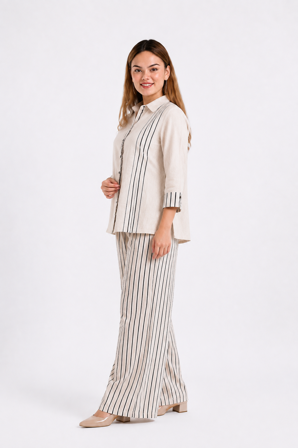 Off White Linen Cotton Co-Ord Set with Abstract Face Embroidery
