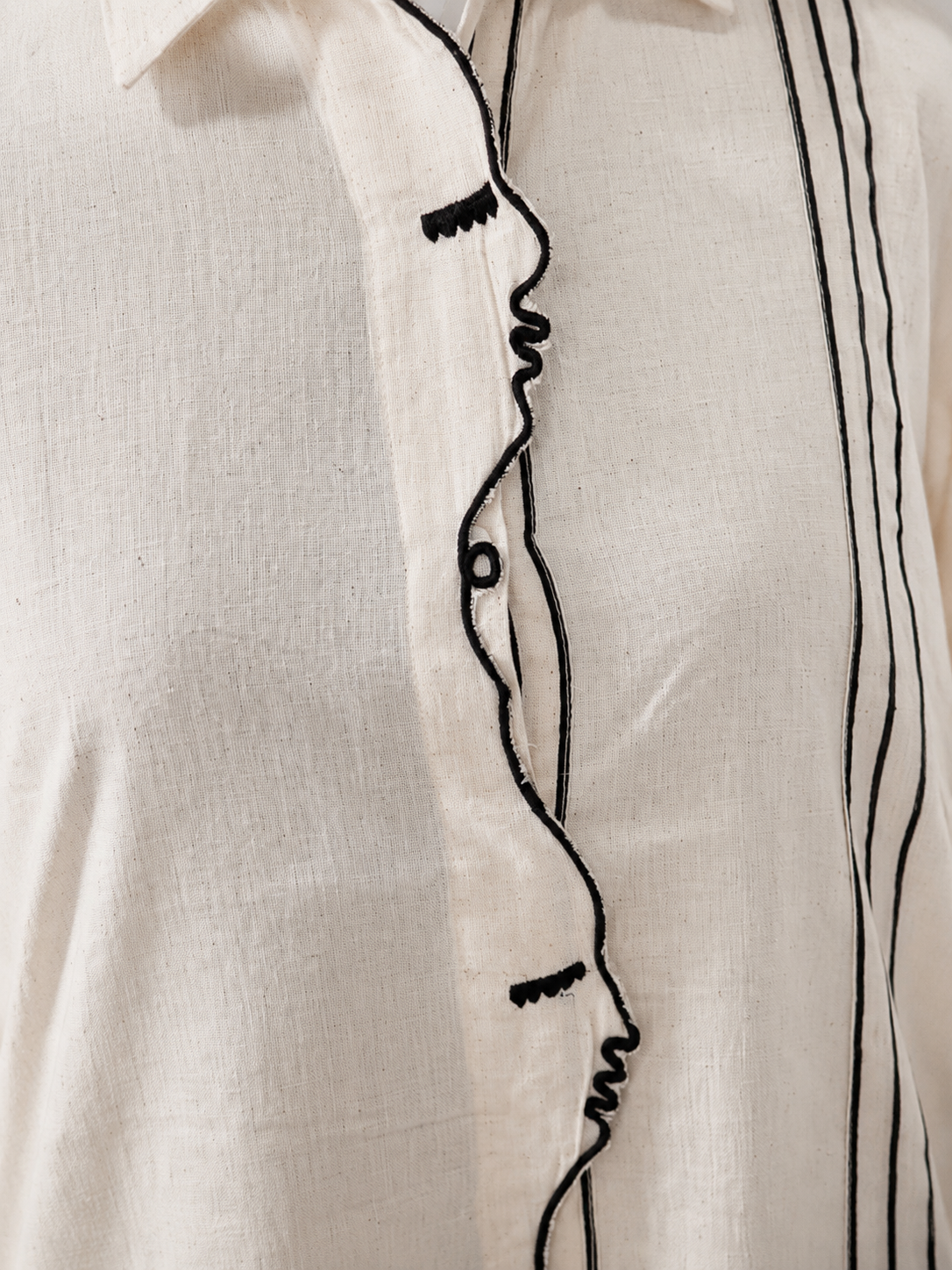Off White Linen Cotton Co-Ord Set with Abstract Face Embroidery
