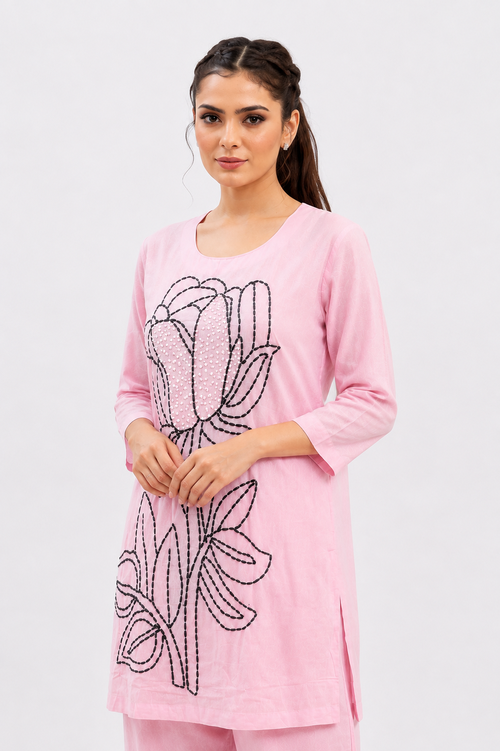 Baby Pink Mal Cotton Co-Ord Set with Floral Katha and Bead Work
