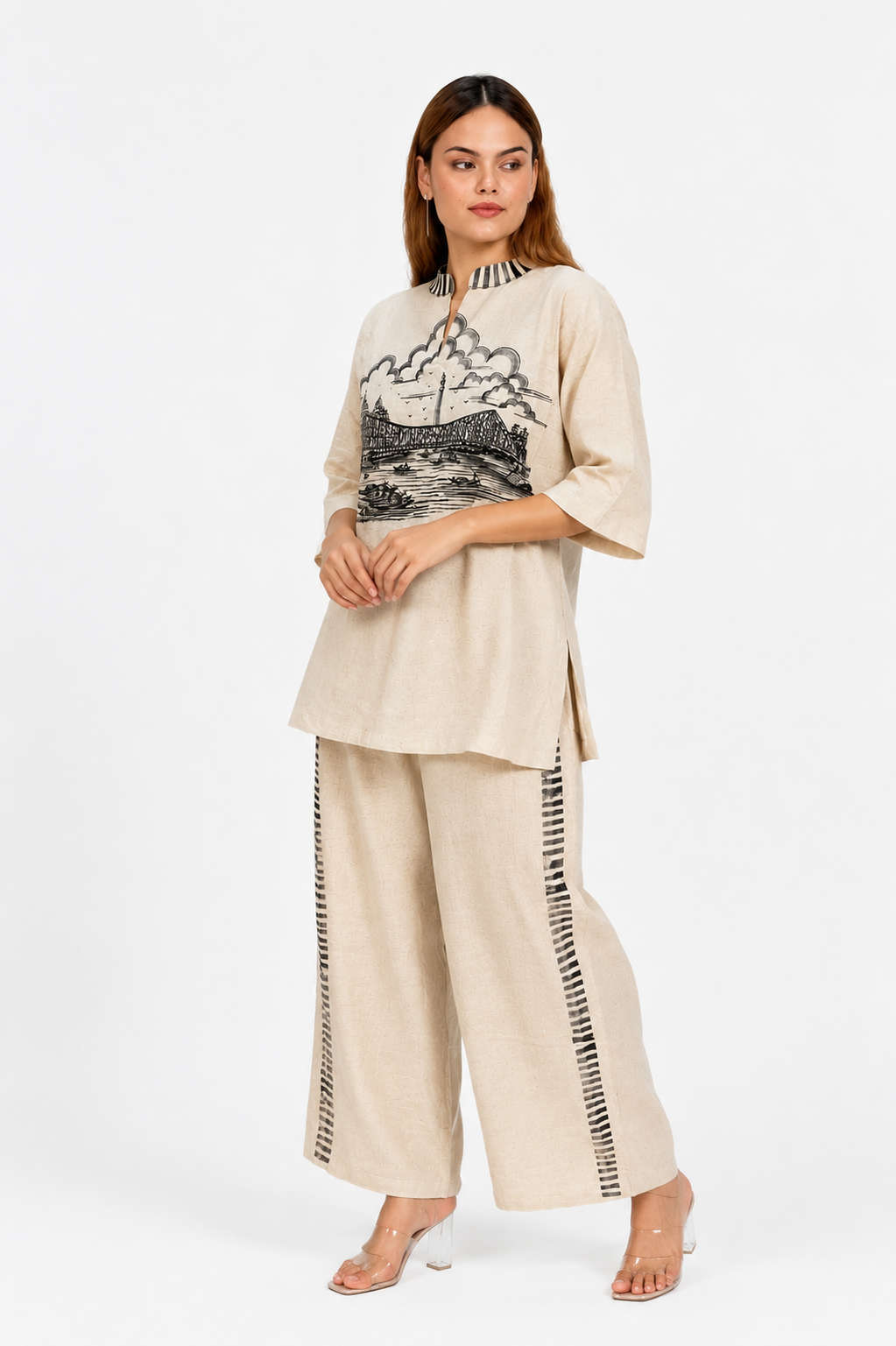 Off White Linen Cotton Co-Ord Set with Kolkata Cityscape Print