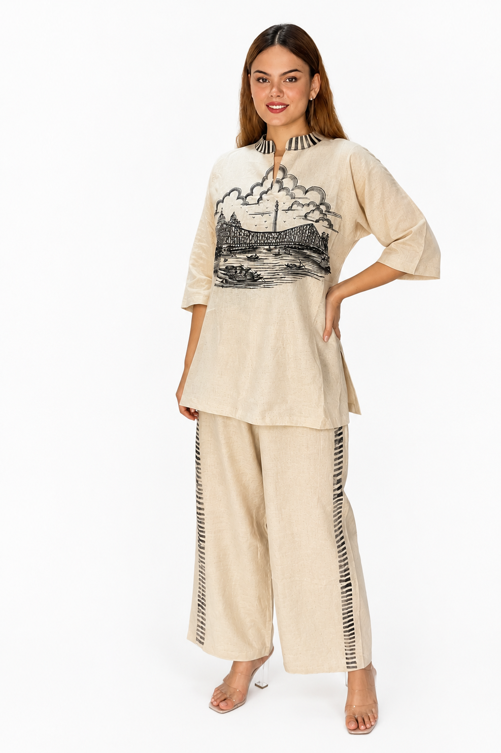 Off White Linen Cotton Co-Ord Set with Kolkata Cityscape Print