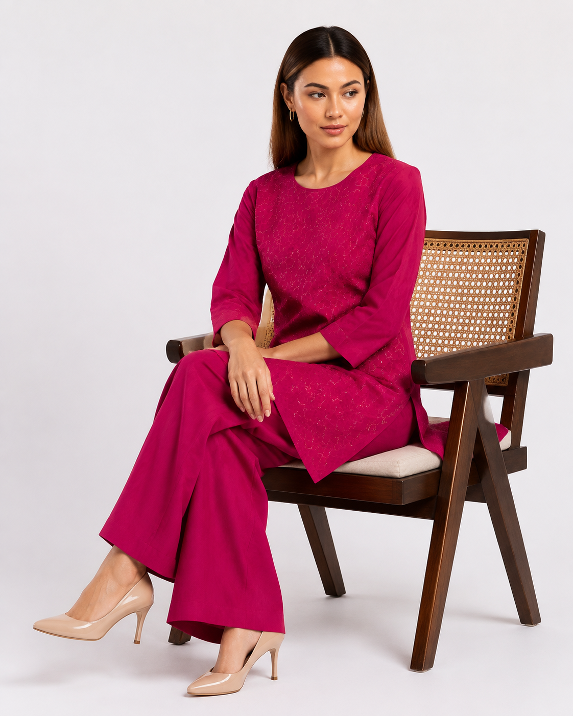 Rani Pink Mal Cotton Co-Ord Set with Star Katha Work