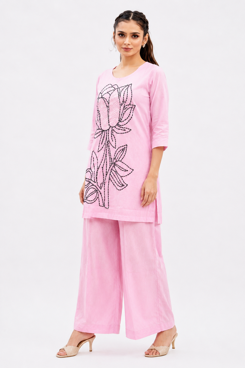 Baby Pink Mal Cotton Co-Ord Set with Floral Katha and Bead Work