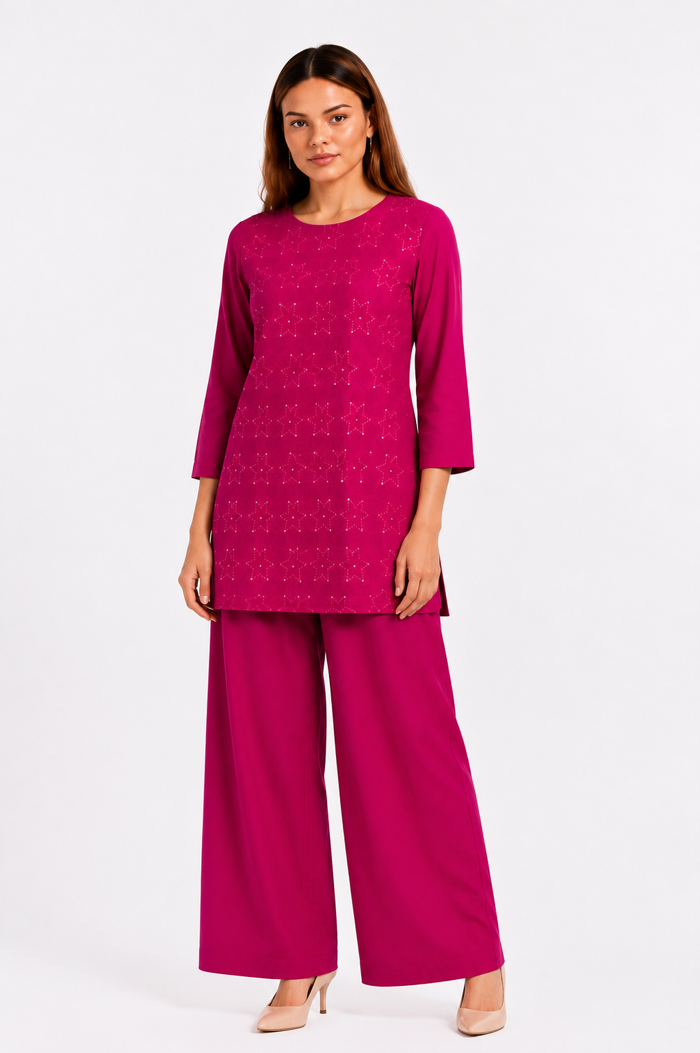 Rani Pink Mal Cotton Co-Ord Set with Star Katha Work