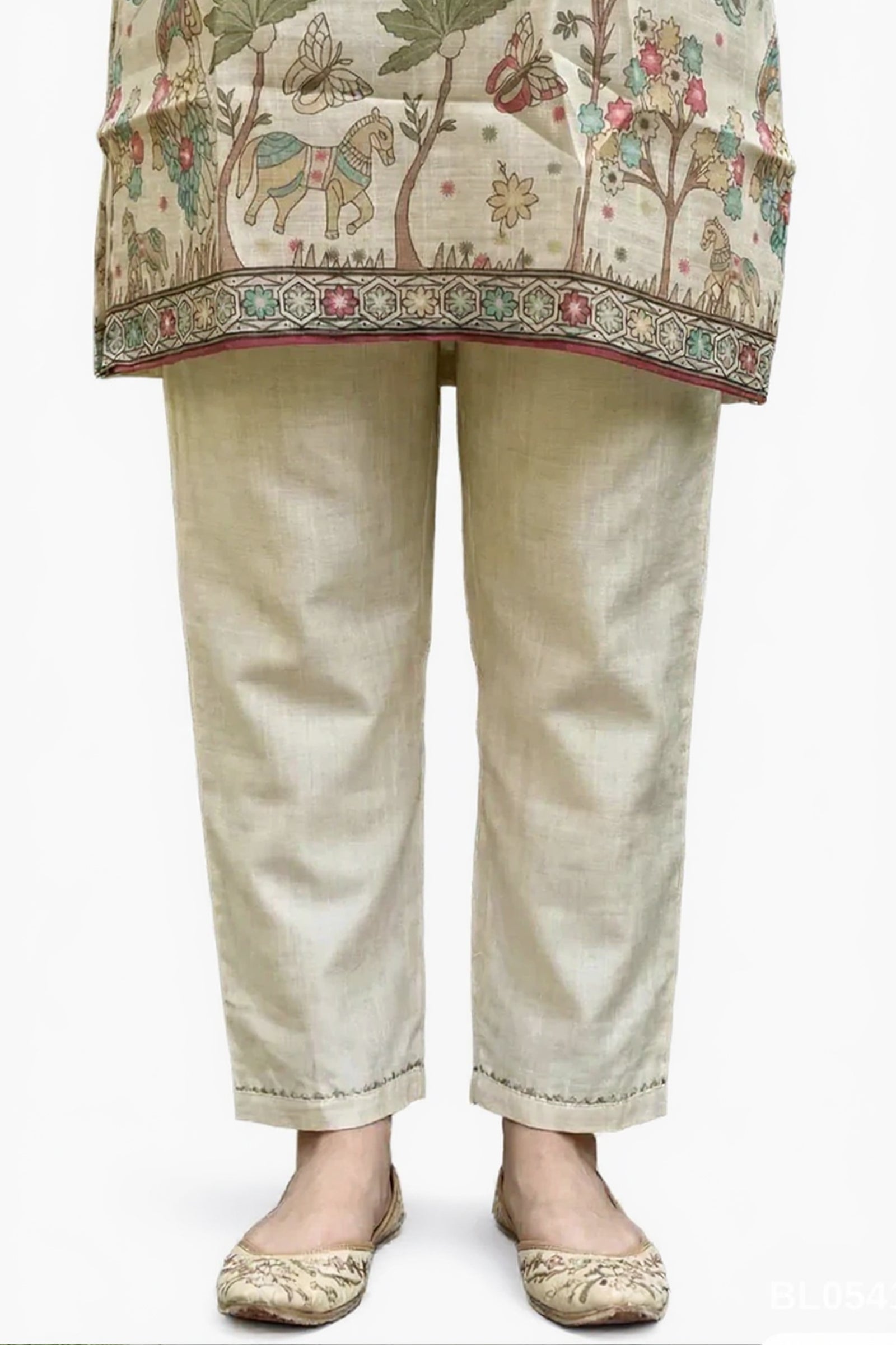 Cream Crepe Silk Straight Kurta-Set with Straight Pant and Dupatta With Pichwai Art Work