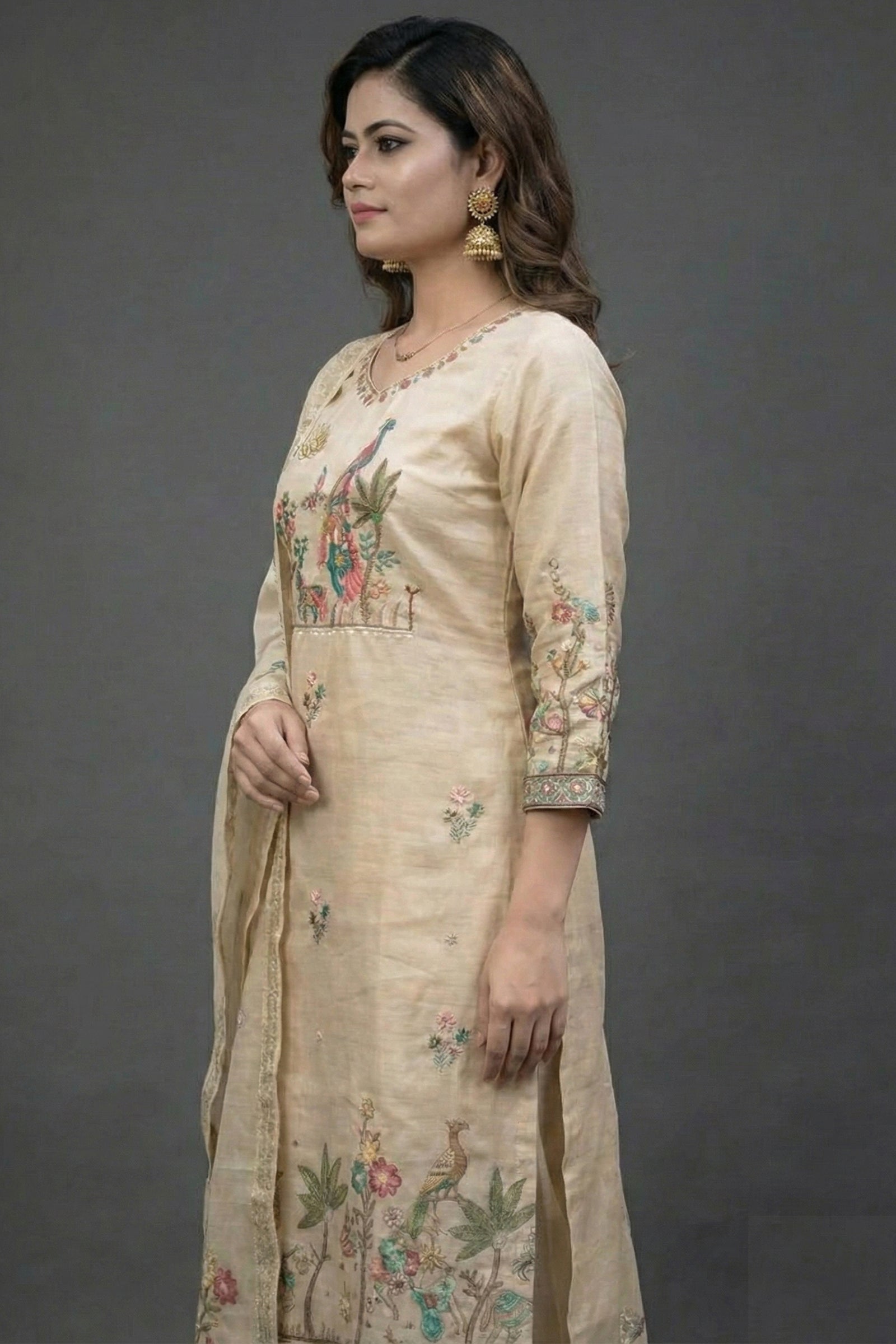 Cream Crepe Silk Straight Kurta-Set with Straight Pant and Dupatta With Pichwai Art Work