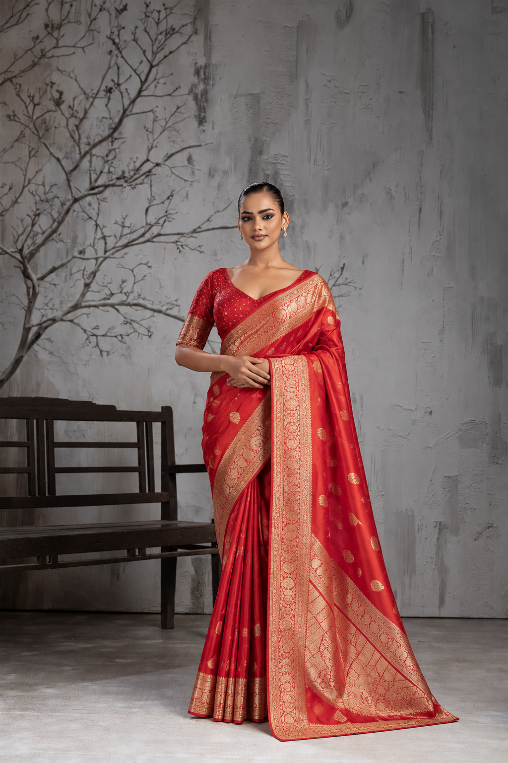 Red Sattin Mungha Silk Saree with banarasi border