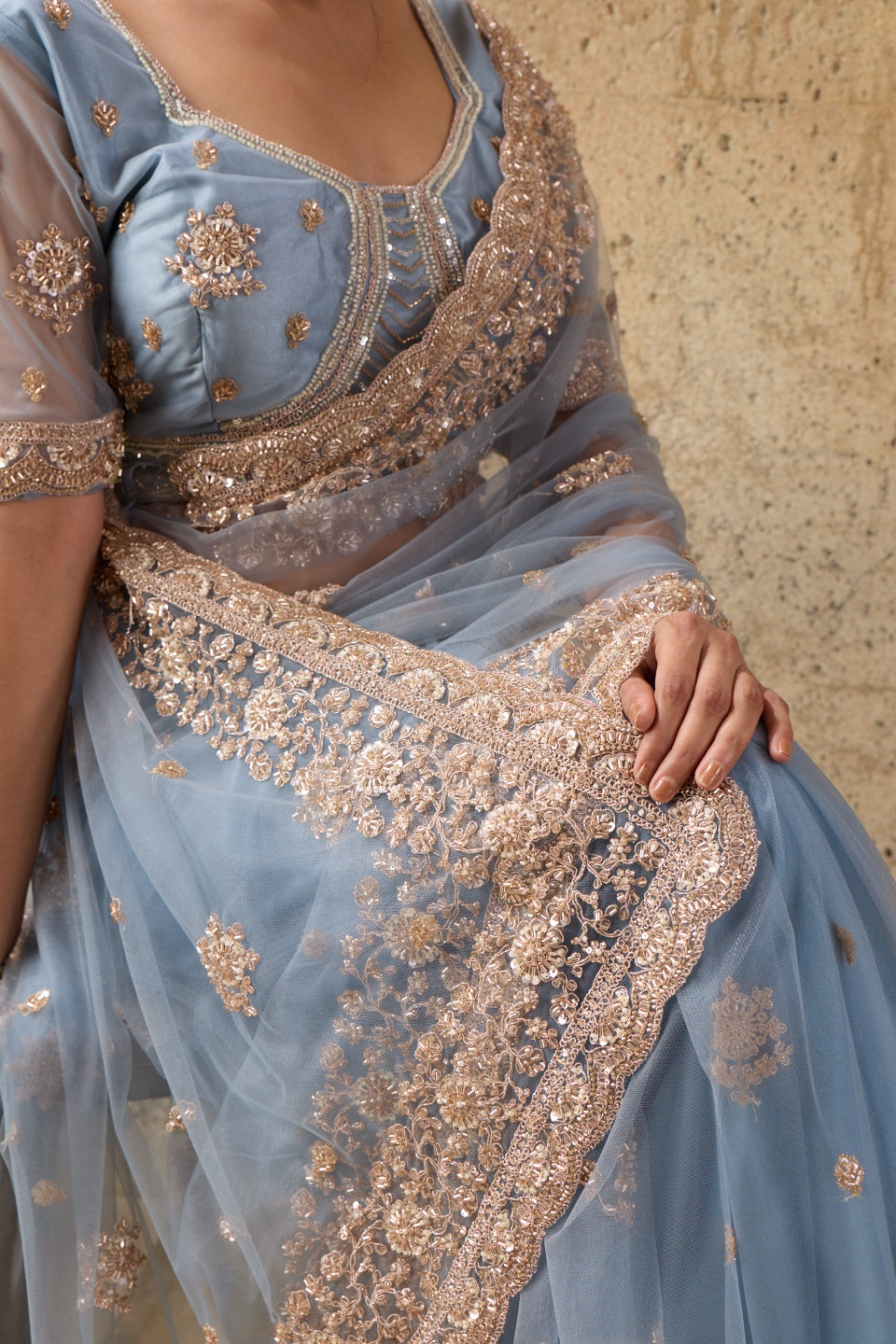 Dusty Blue Net Saree with Hand Embroidery with Stitched Blouse