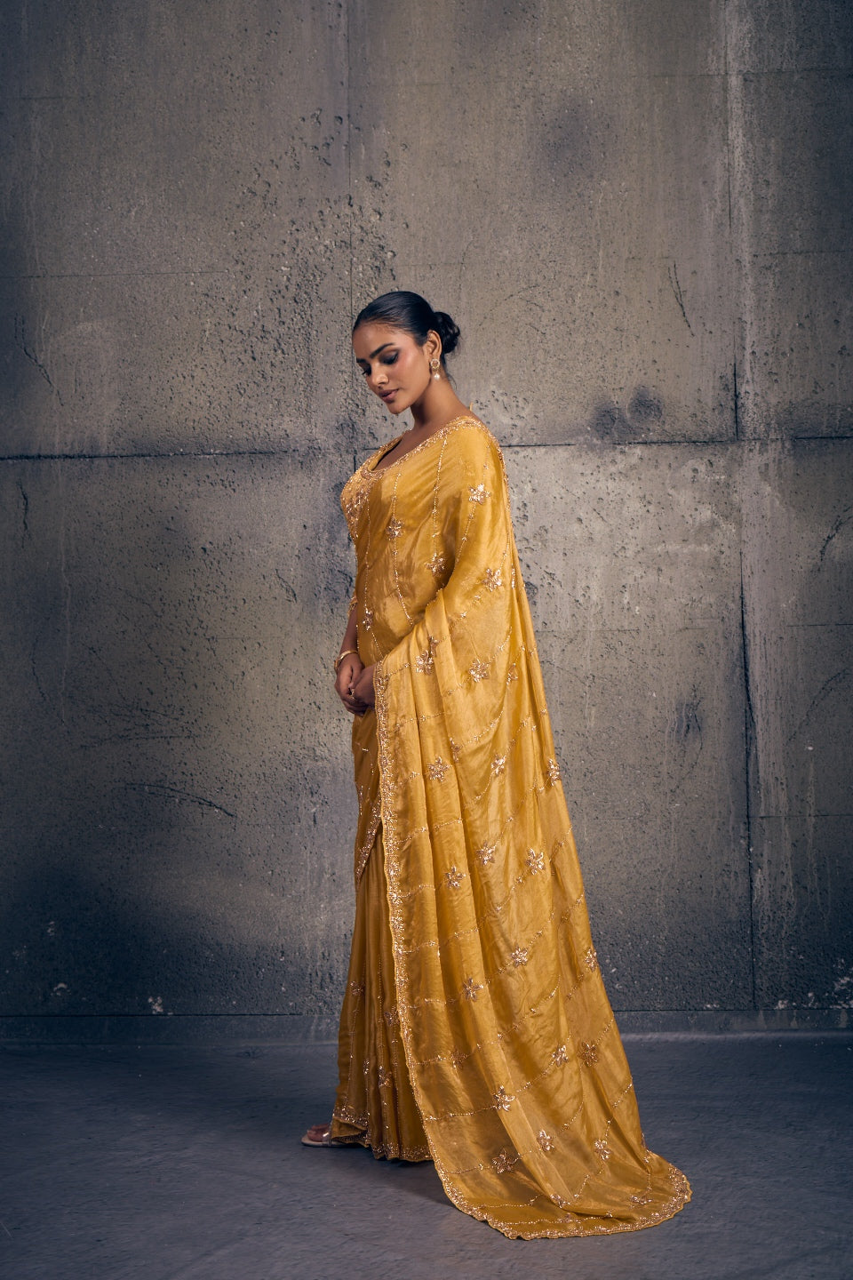 Yellow Tissue Silk Saree with Hand Embroidery with Stitched Blouse
