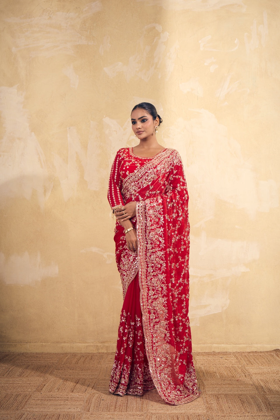 Bridal Red Organza Saree with Embroidery work