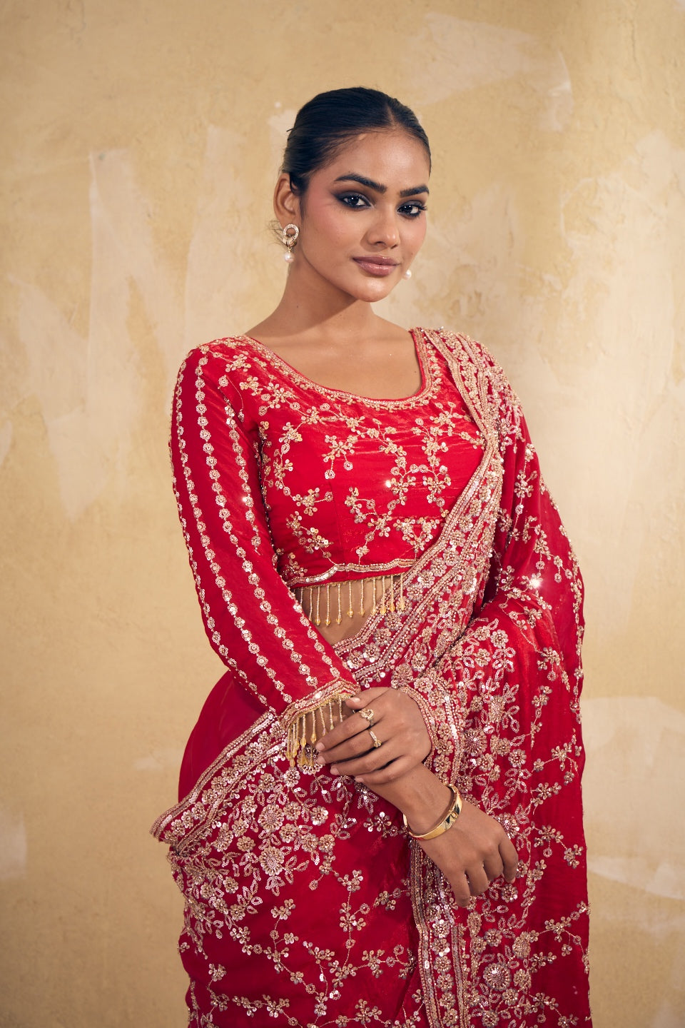 Bridal Red Organza Saree with Embroidery work
