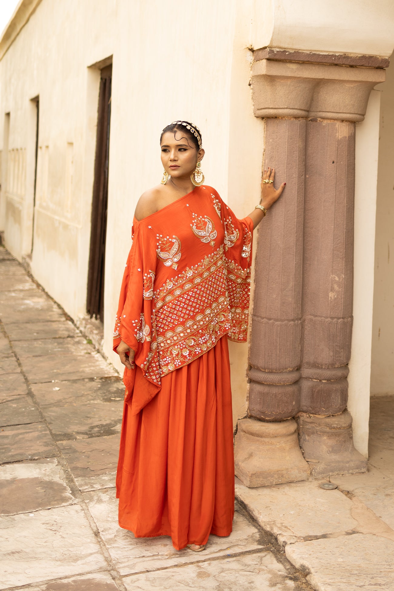 Orange Crepe Silk Designer Rectangular Top & Skirt Set