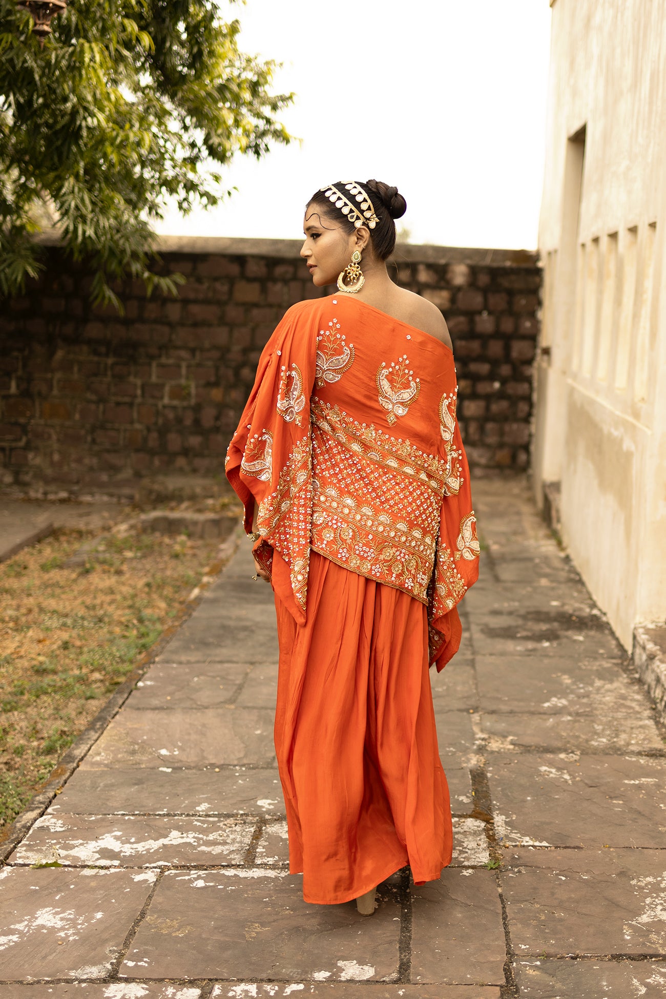 Orange Crepe Silk Designer Rectangular Top & Skirt Set